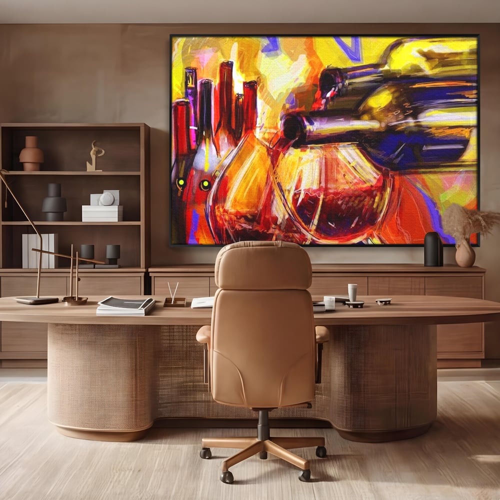 Tablou canvas cu pictura abstracta cu sticle si pahare de vin, in rama de aluminiu negru, pe perete intr-un birou